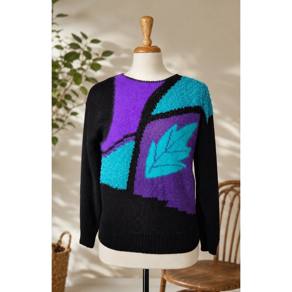 Color Block Granny Goodness Vibrant 3D Knit Flashy Geometric 80s Sweater Size LG